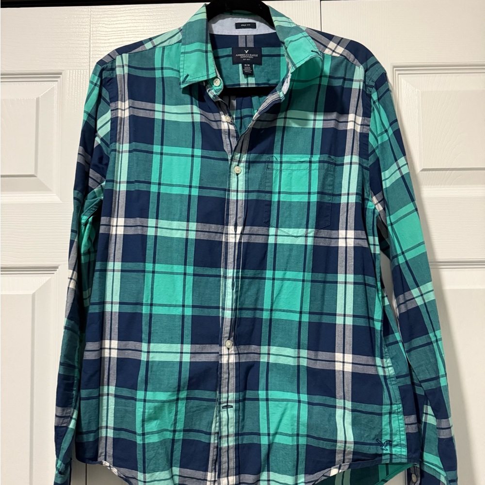 Plaid Button-Down Shirt - Green and Blue